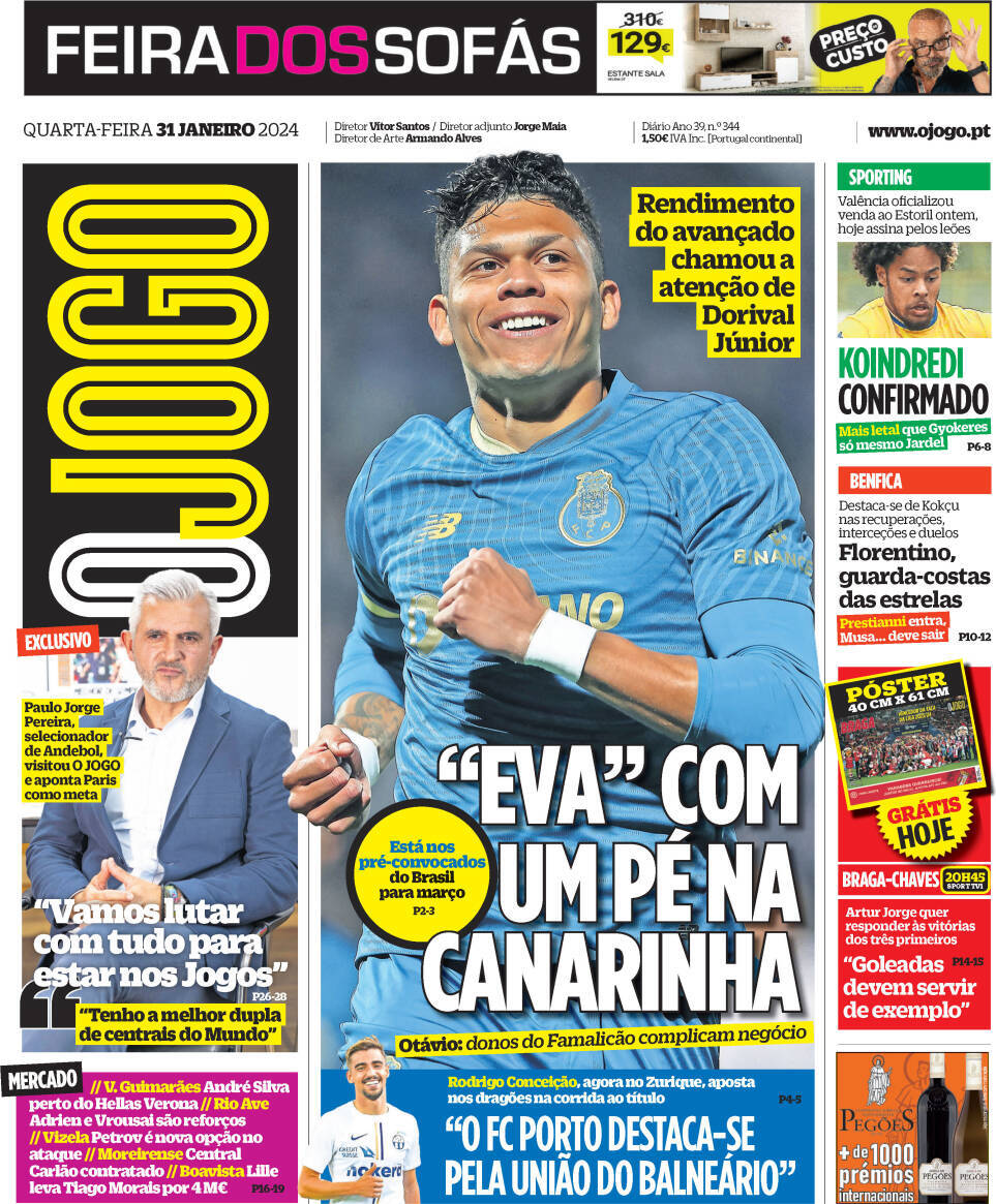 O Jogo: Capa da Edi&ccedil;&atilde;o de quarta-feira, 31 de janeiro 2024