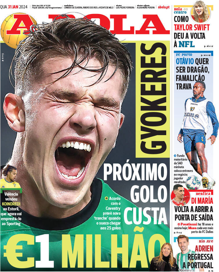 A Bola: Capa da Edi&ccedil;&atilde;o de quarta-feira, 31 de janeiro 2024