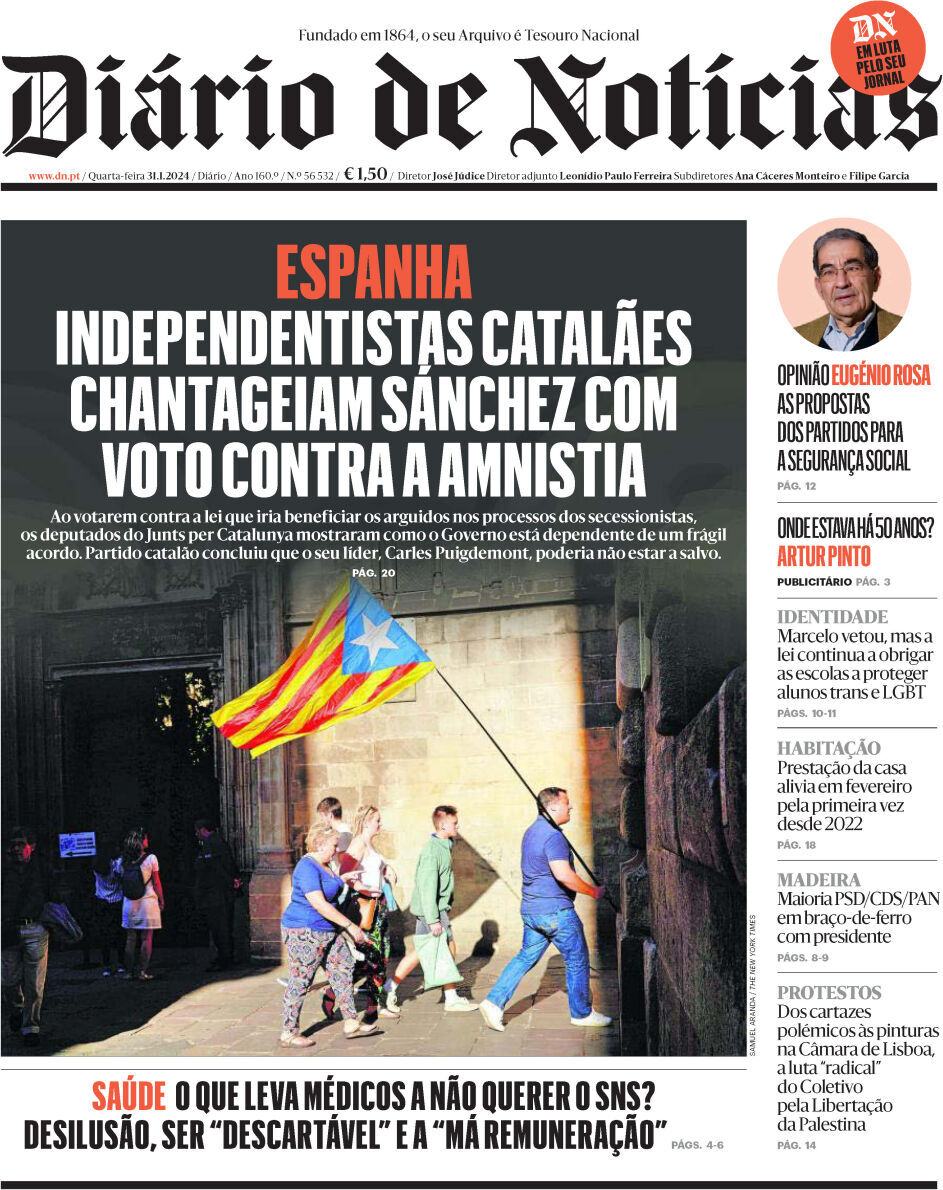 Di&aacute;rio de Not&iacute;cias: Capa da Edi&ccedil;&atilde;o de quarta-feira, 31 de janeiro 2024