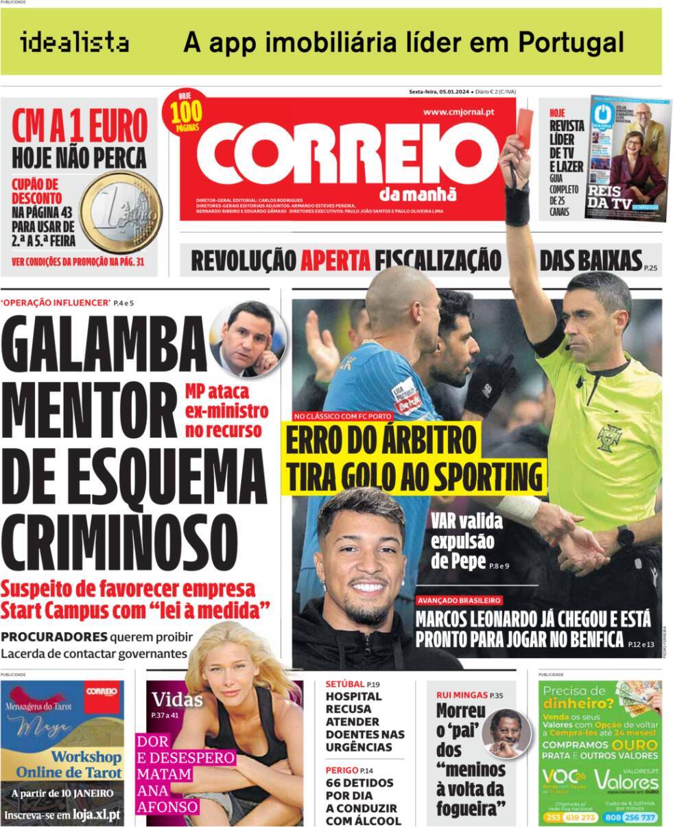 Correio da Manh&atilde;: Capa da Edi&ccedil;&atilde;o de sexta-feira, 05 de janeiro 2024