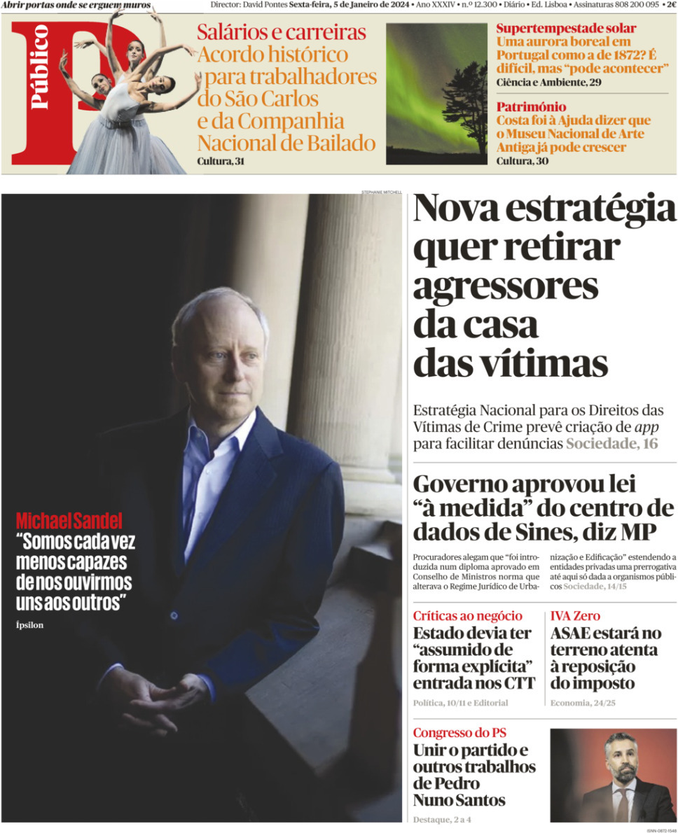 P&uacute;blico: Capa da Edi&ccedil;&atilde;o de sexta-feira, 05 de janeiro 2024