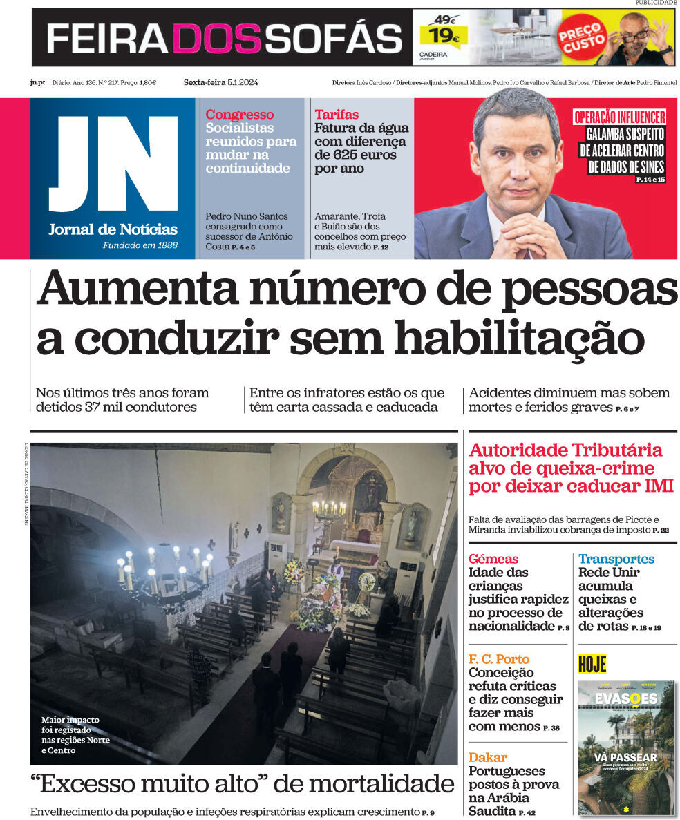 Jornal de Not&iacute;cias: Capa da Edi&ccedil;&atilde;o de sexta-feira, 05 de janeiro 2024