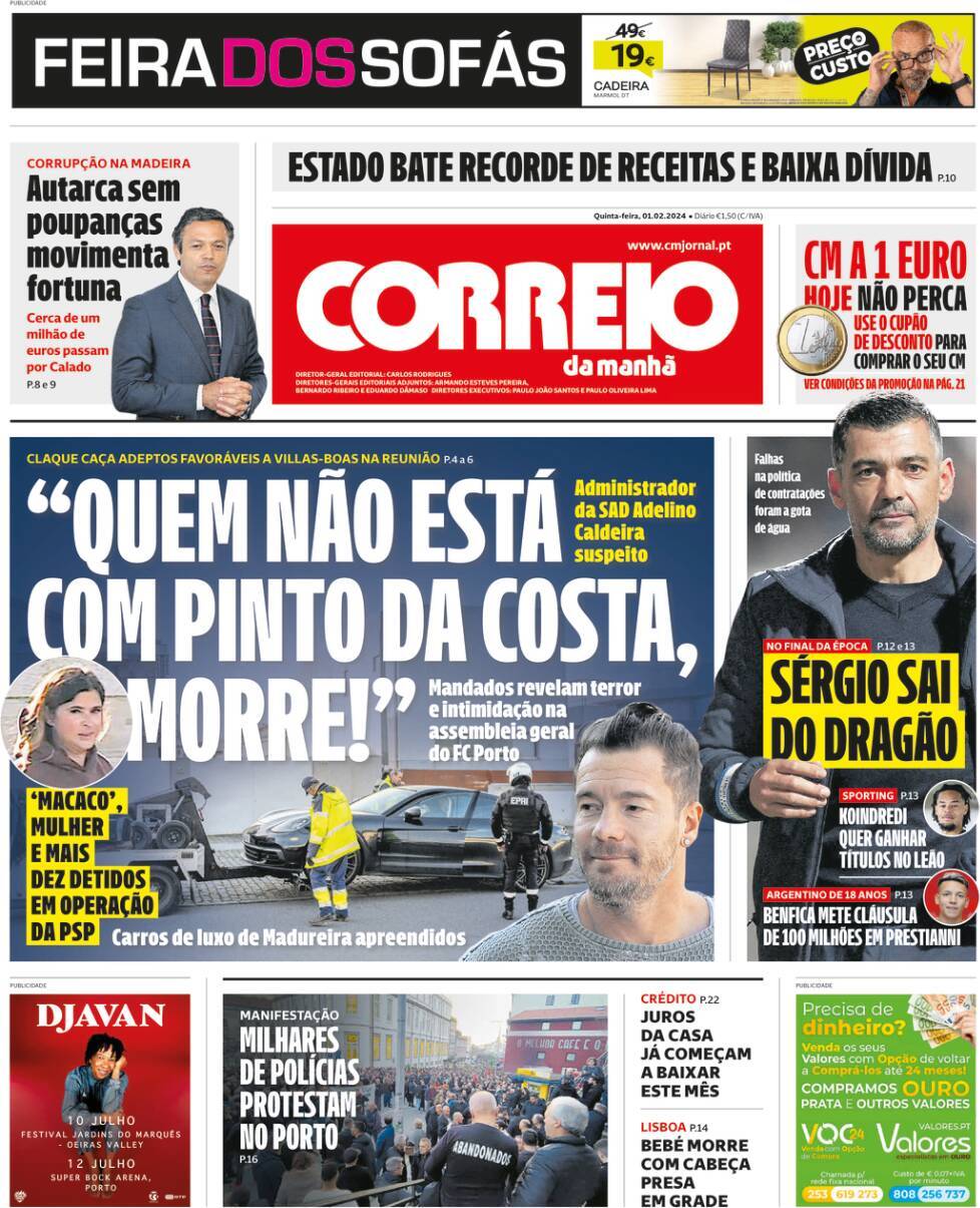 Correio da Manh&atilde;: Capa da Edi&ccedil;&atilde;o de quinta-feira, 01 de fevereiro 2024
