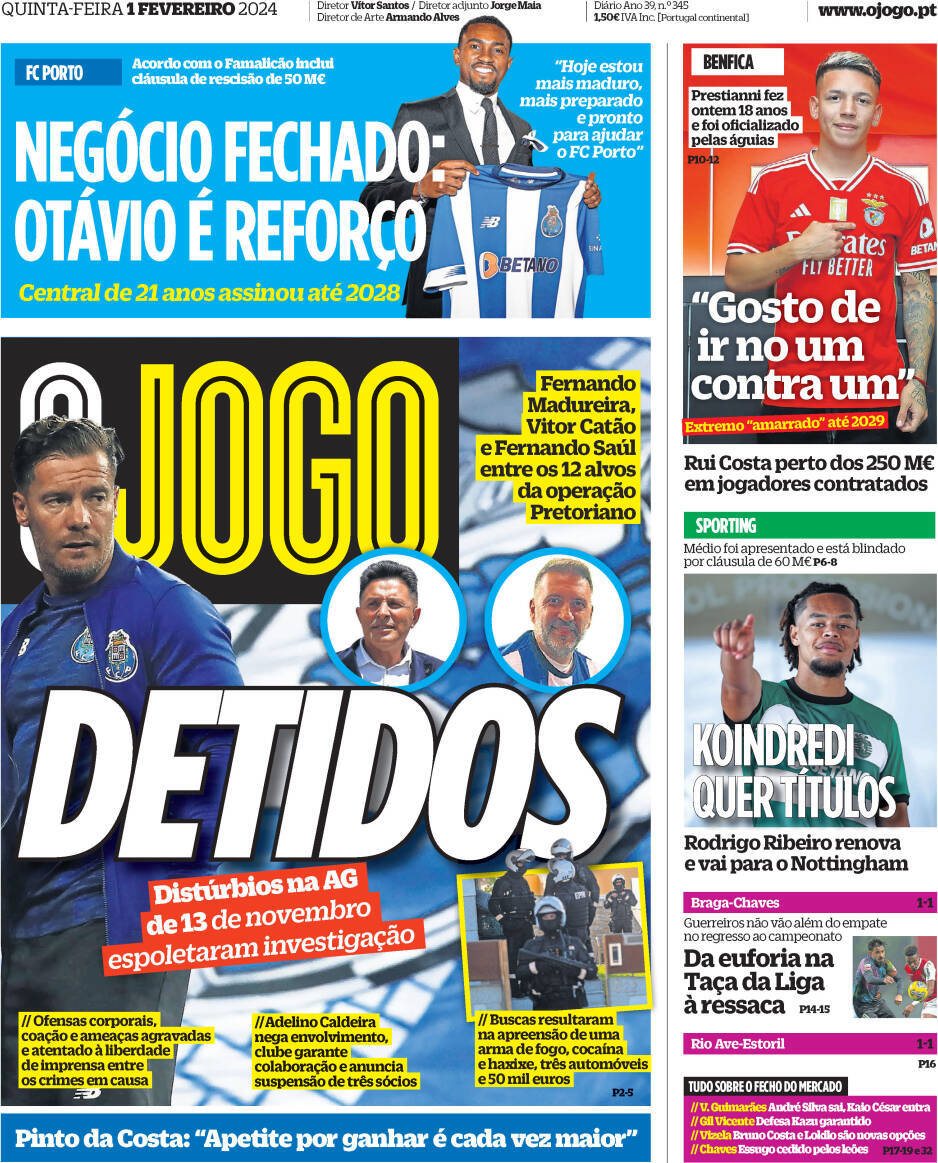 O Jogo: Capa da Edi&ccedil;&atilde;o de quinta-feira, 01 de fevereiro 2024