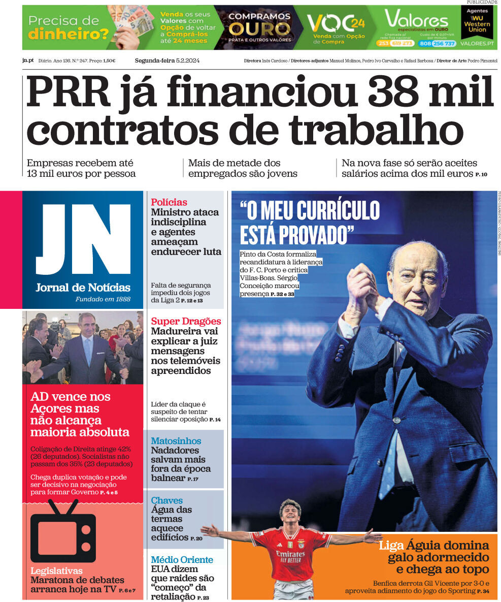 Jornal de Not&iacute;cias: Capa da Edi&ccedil;&atilde;o de segunda-feira, 05 de fevereiro 2024