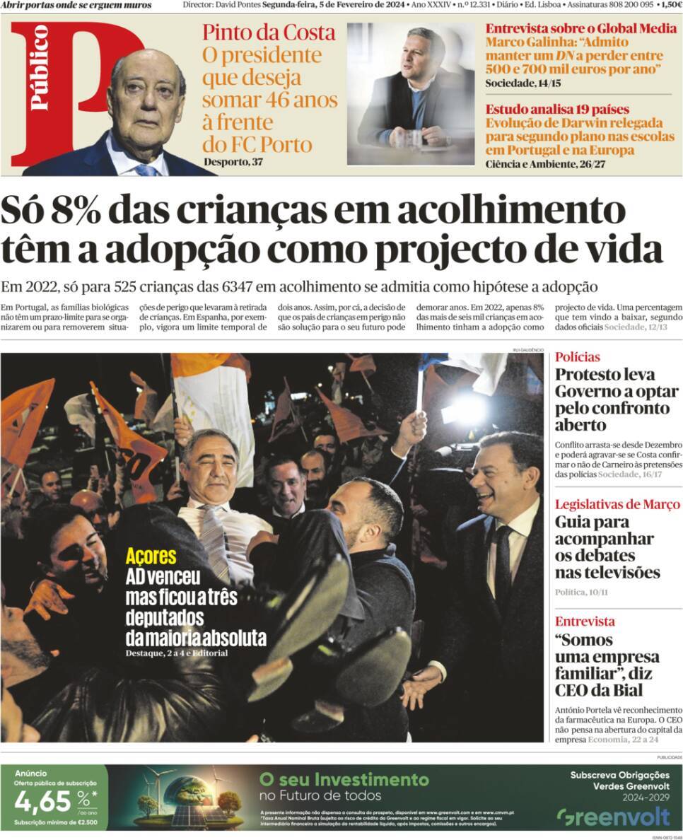 P&uacute;blico: Capa da Edi&ccedil;&atilde;o de segunda-feira, 05 de fevereiro 2024