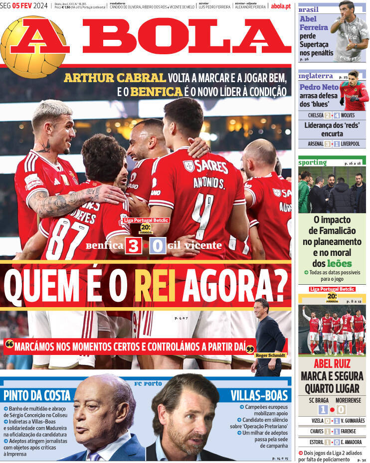 A Bola: Capa da Edi&ccedil;&atilde;o de segunda-feira, 05 de fevereiro 2024