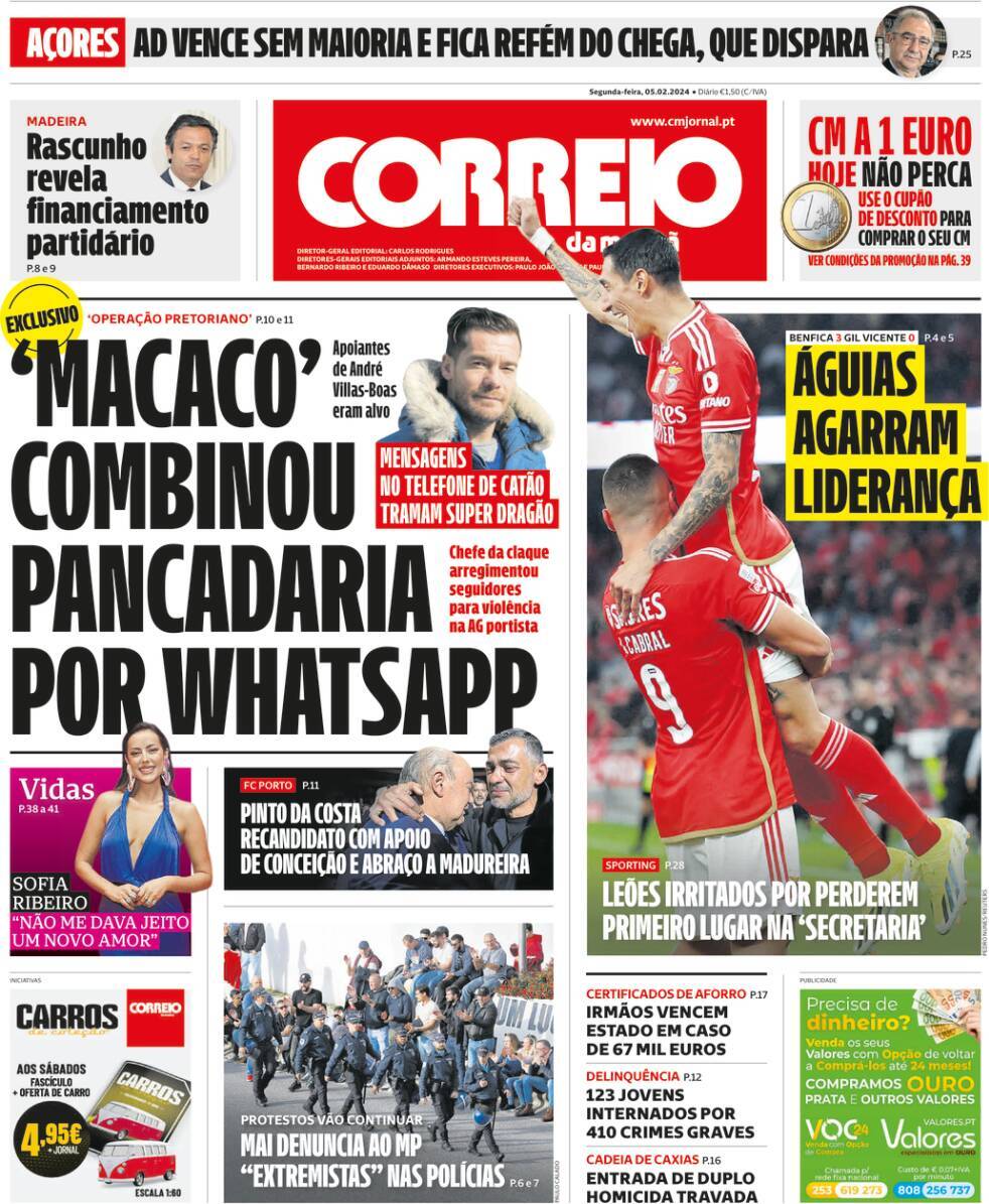 Correio da Manh&atilde;: Capa da Edi&ccedil;&atilde;o de segunda-feira, 05 de fevereiro 2024