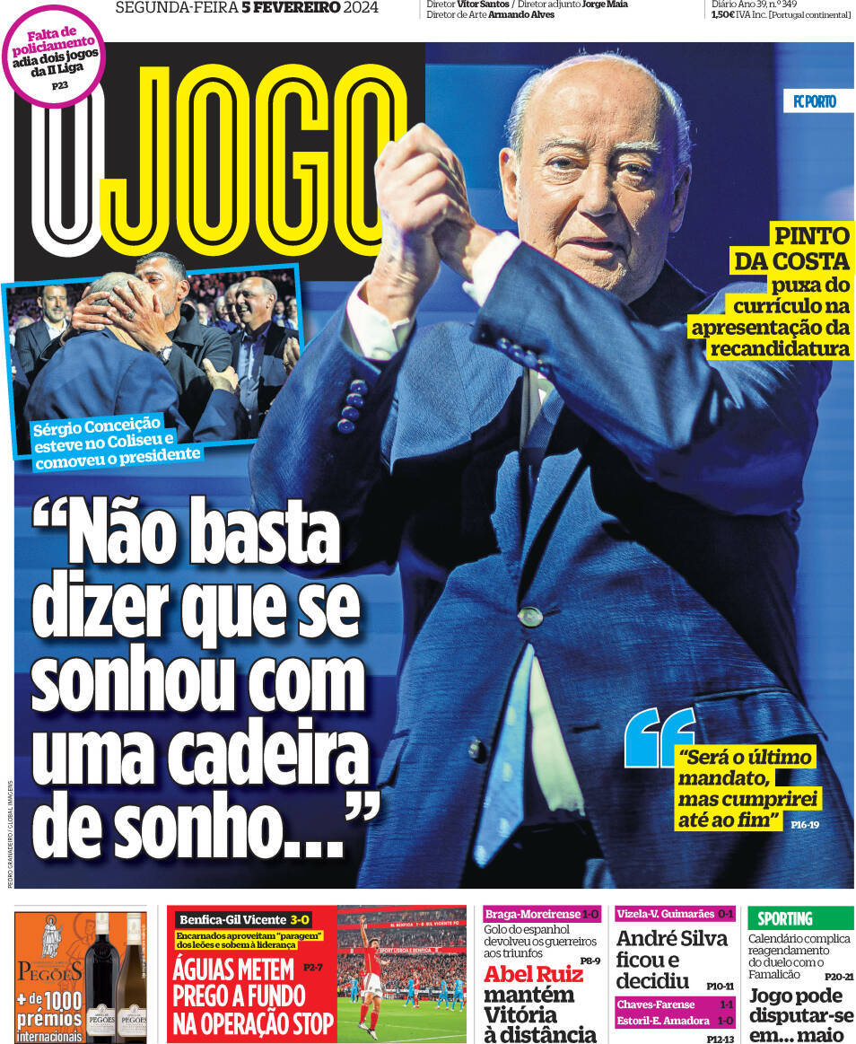 O Jogo: Capa da Edi&ccedil;&atilde;o de segunda-feira, 05 de fevereiro 2024