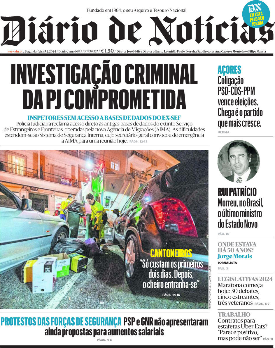 Di&aacute;rio de Not&iacute;cias: Capa da Edi&ccedil;&atilde;o de segunda-feira, 05 de fevereiro 2024