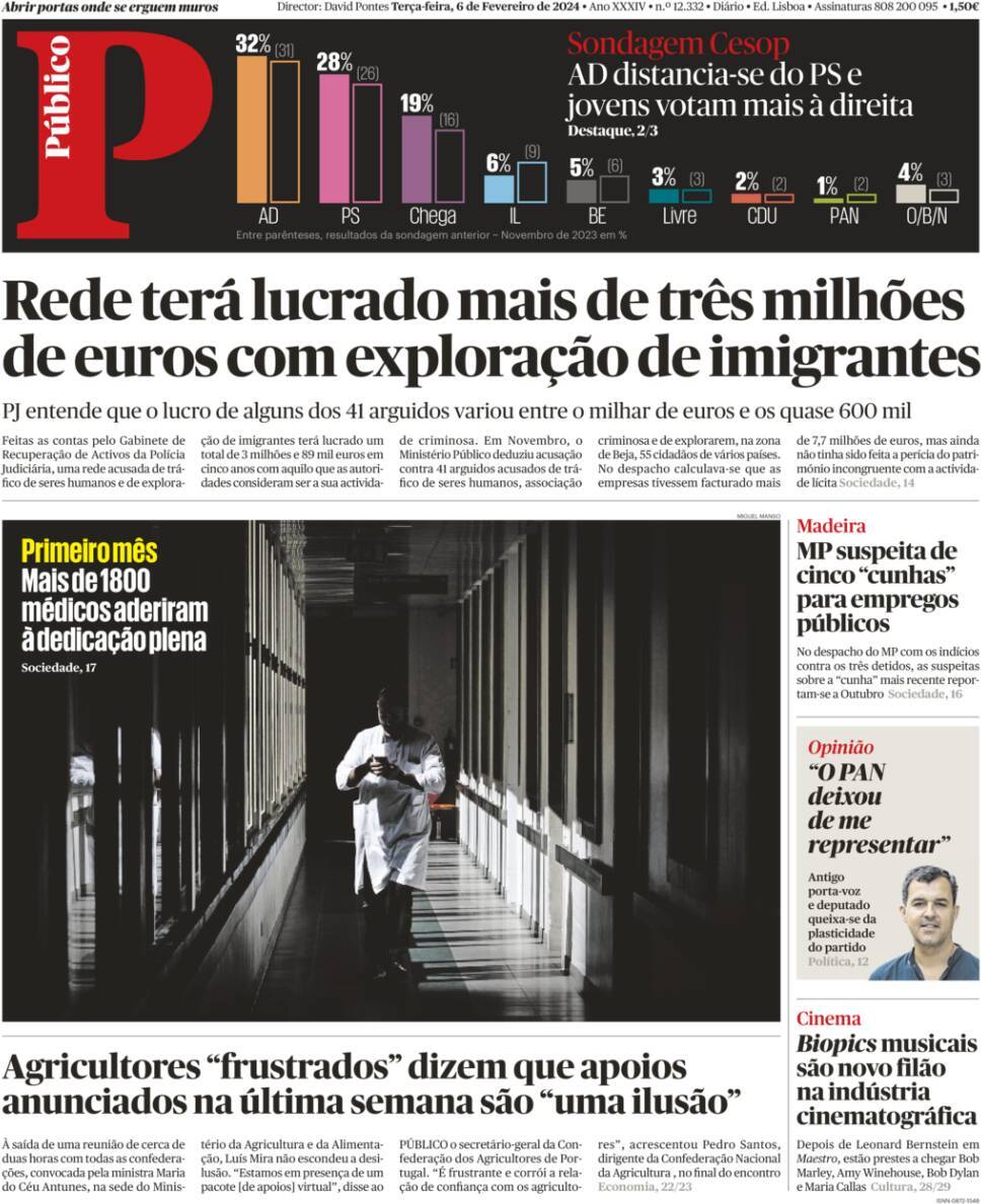 P&uacute;blico: Capa da Edi&ccedil;&atilde;o de ter&ccedil;a-feira, 06 de fevereiro 2024