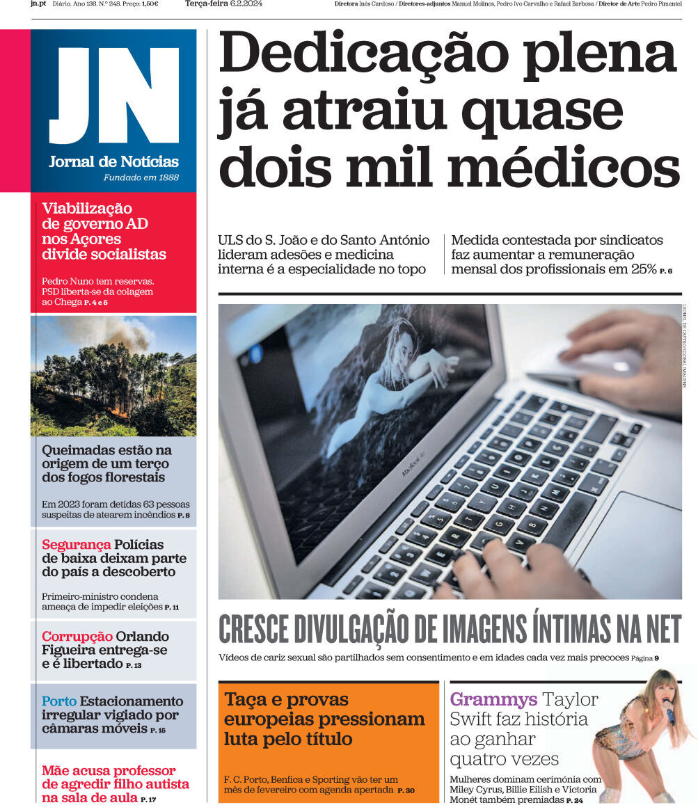 Jornal de Not&iacute;cias: Capa da Edi&ccedil;&atilde;o de ter&ccedil;a-feira, 06 de fevereiro 2024