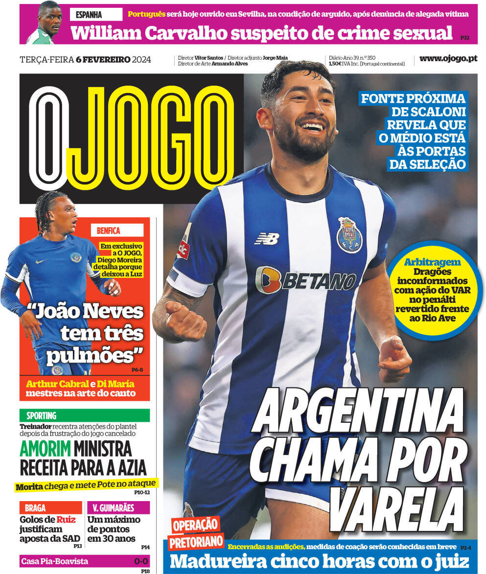 O Jogo: Capa da Edi&ccedil;&atilde;o de ter&ccedil;a-feira, 06 de fevereiro 2024