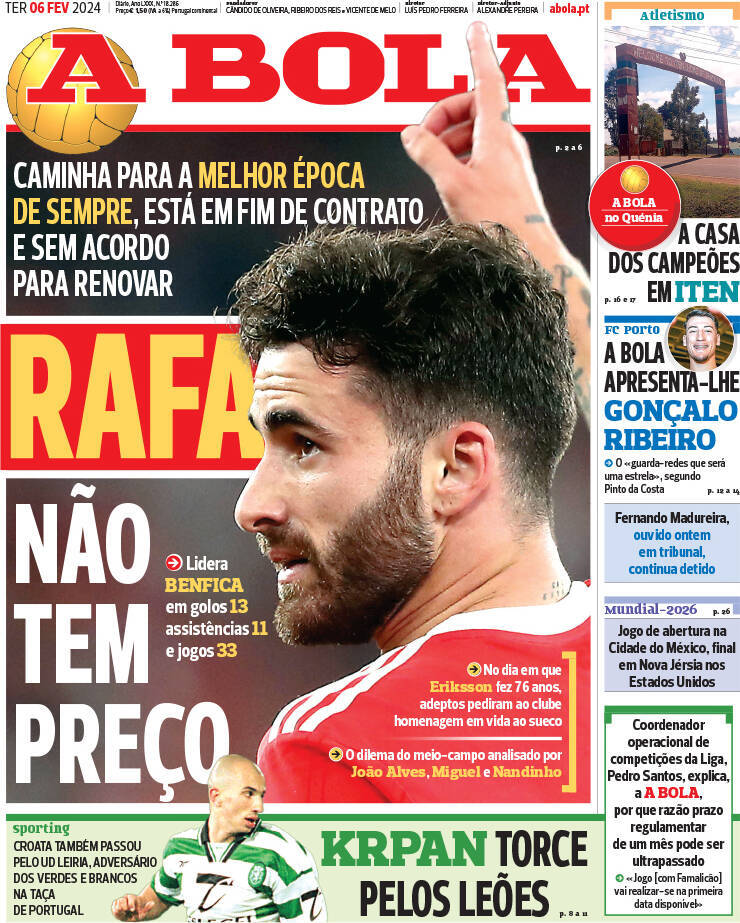 A Bola: Capa da Edi&ccedil;&atilde;o de ter&ccedil;a-feira, 06 de fevereiro 2024