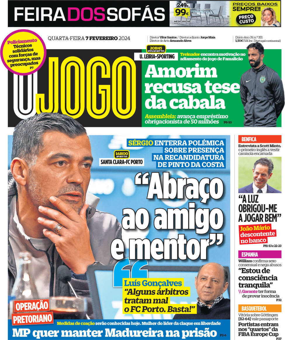 Correio da Manh&atilde;: Capa da Edi&ccedil;&atilde;o de quarta-feira, 07 de fevereiro 2024