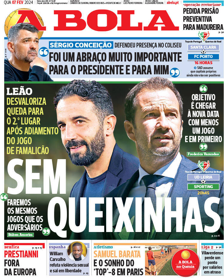 A Bola: Capa da Edi&ccedil;&atilde;o de quarta-feira, 07 de fevereiro 2024