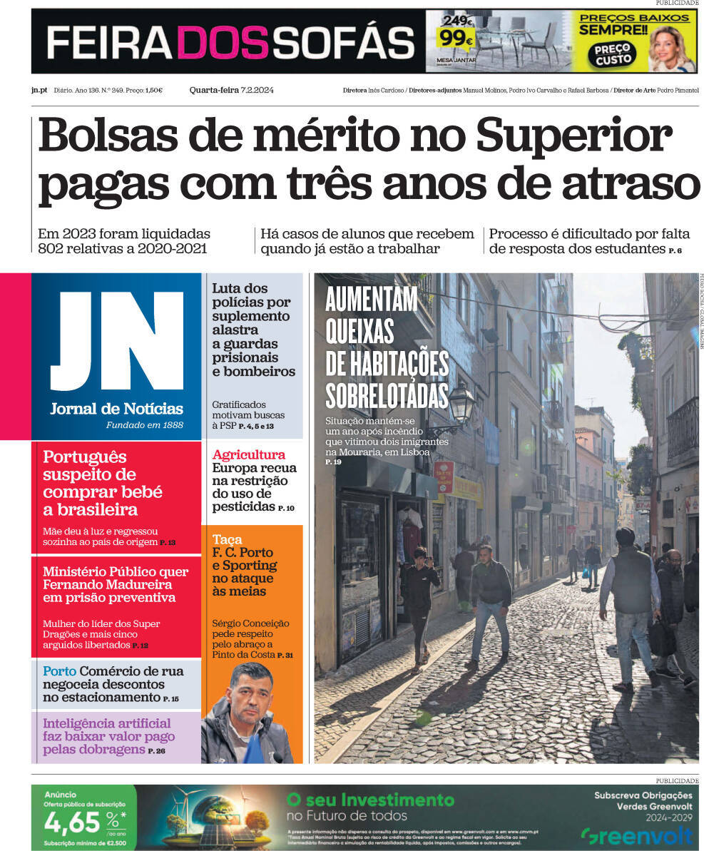 Jornal de Not&iacute;cias: Capa da Edi&ccedil;&atilde;o de quarta-feira, 07 de fevereiro 2024