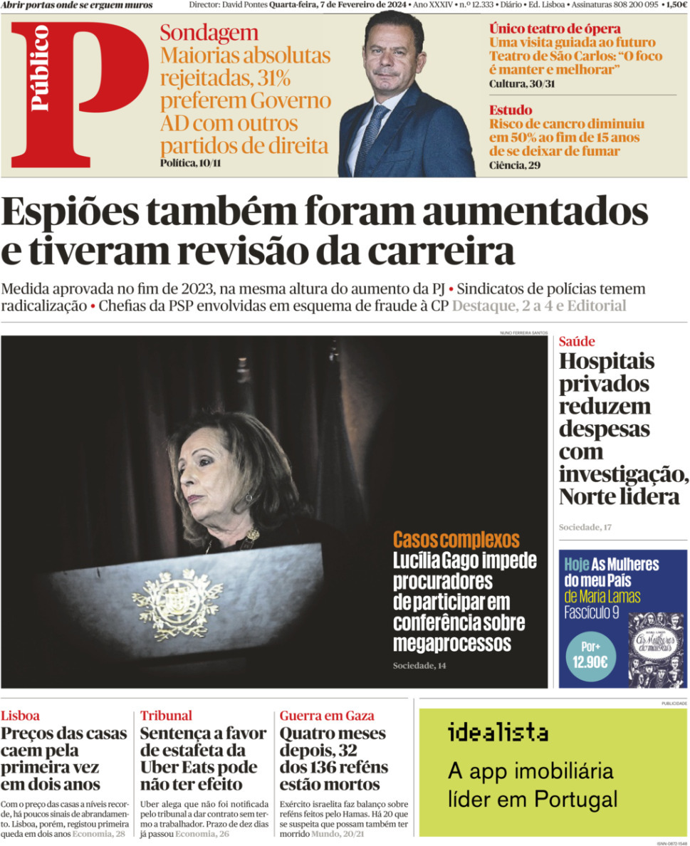 P&uacute;blico: Capa da Edi&ccedil;&atilde;o de quarta-feira, 07 de fevereiro 2024