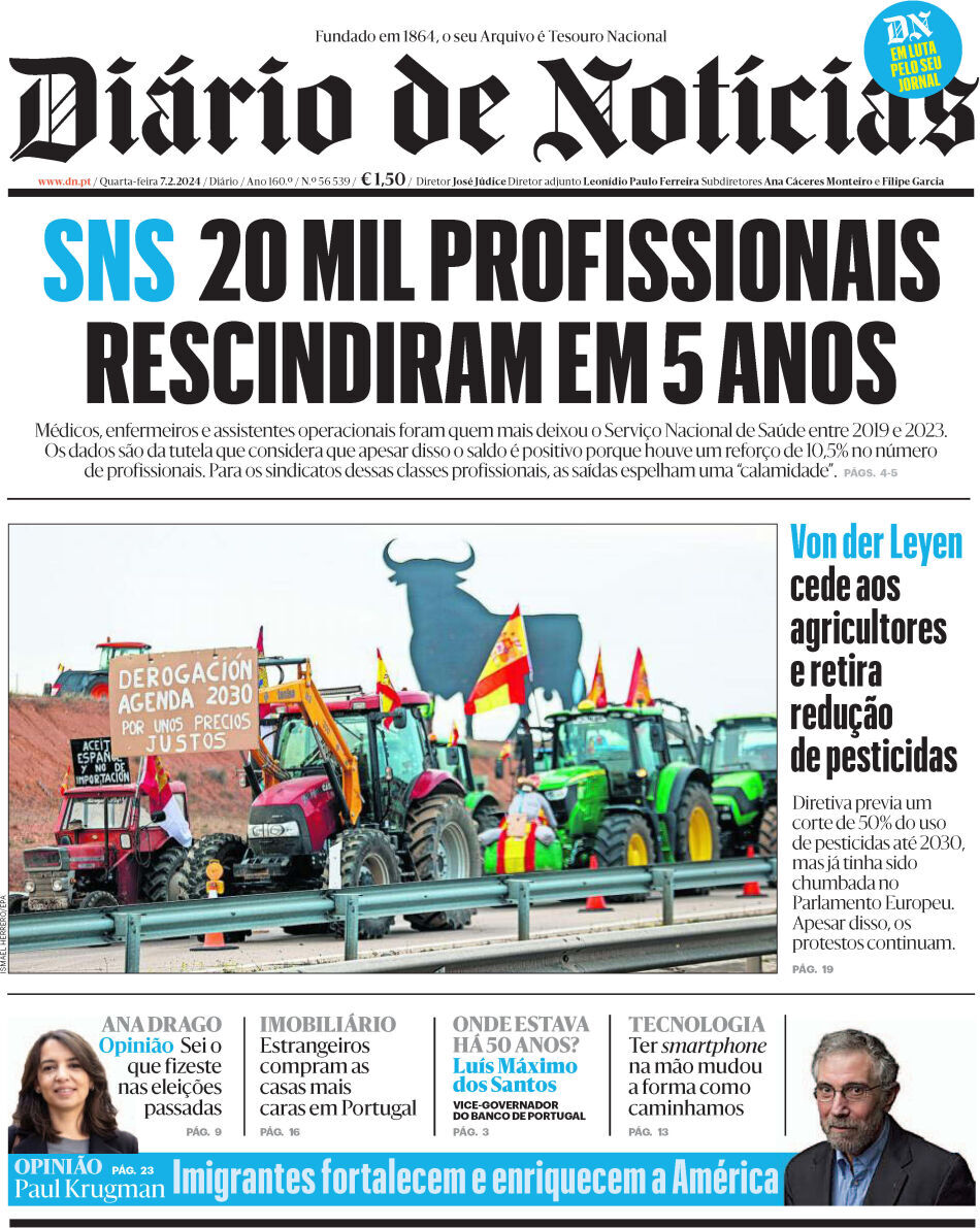 Di&aacute;rio de Not&iacute;cias: Capa da Edi&ccedil;&atilde;o de quarta-feira, 07 de fevereiro 2024