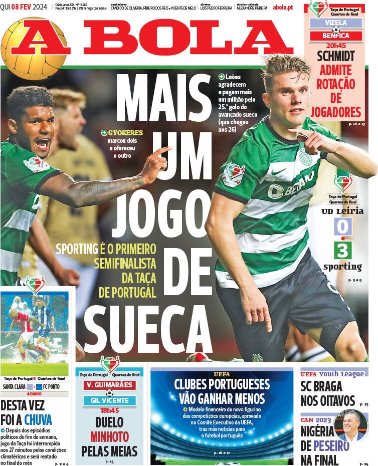 A Bola: Capa da Edi&ccedil;&atilde;o de quinta-feira, 08 de fevereiro 2024