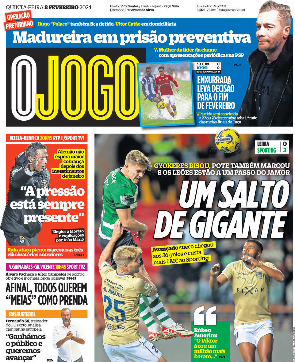 O Jogo: Capa da Edi&ccedil;&atilde;o de quinta-feira, 08 de fevereiro 2024