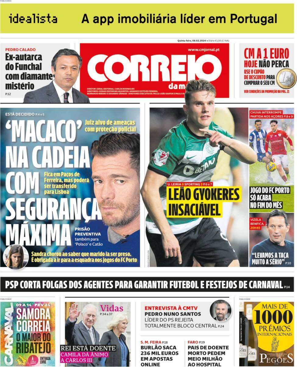 Correio da Manh&atilde;: Capa da Edi&ccedil;&atilde;o de quinta-feira, 08 de fevereiro 2024