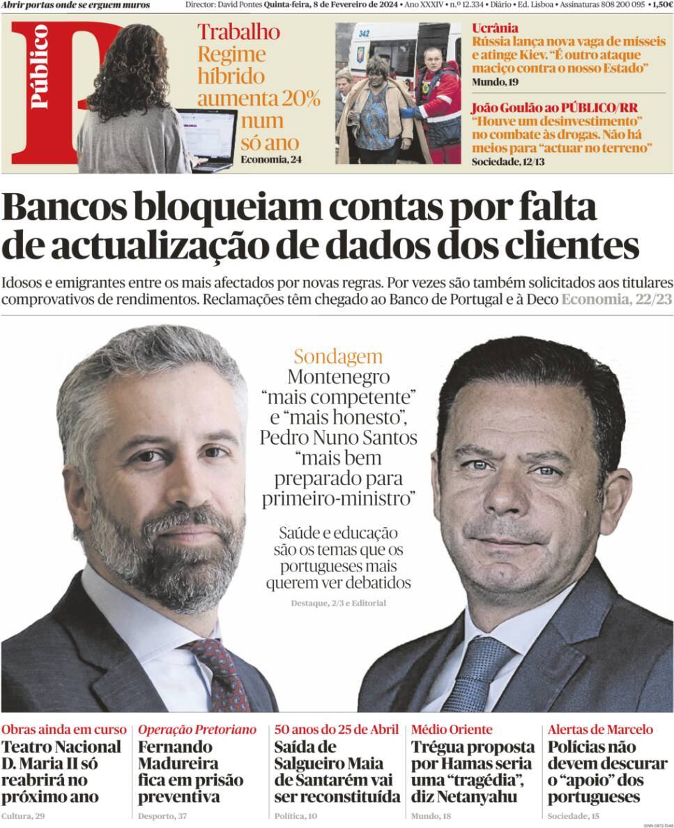 P&uacute;blico: Capa da Edi&ccedil;&atilde;o de quinta-feira, 08 de fevereiro 2024