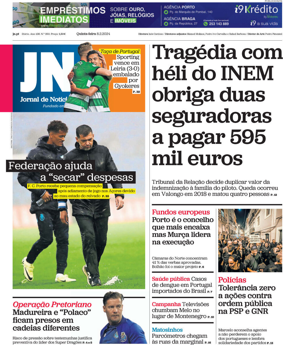 Jornal de Not&iacute;cias: Capa da Edi&ccedil;&atilde;o de quinta-feira, 08 de fevereiro 2024