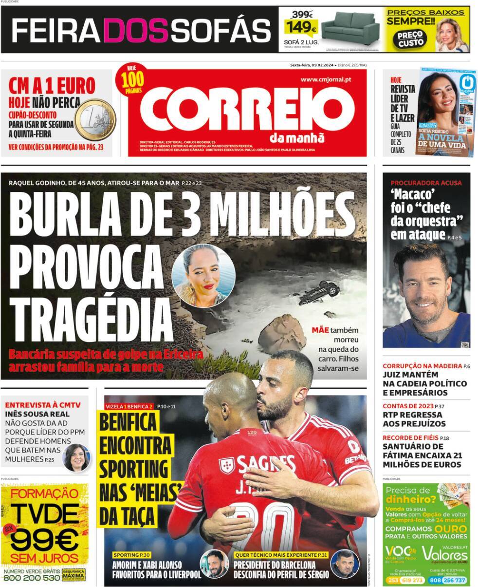 A Bola: Capa da Edi&ccedil;&atilde;o de sexta-feira, 09 de fevereiro 2024