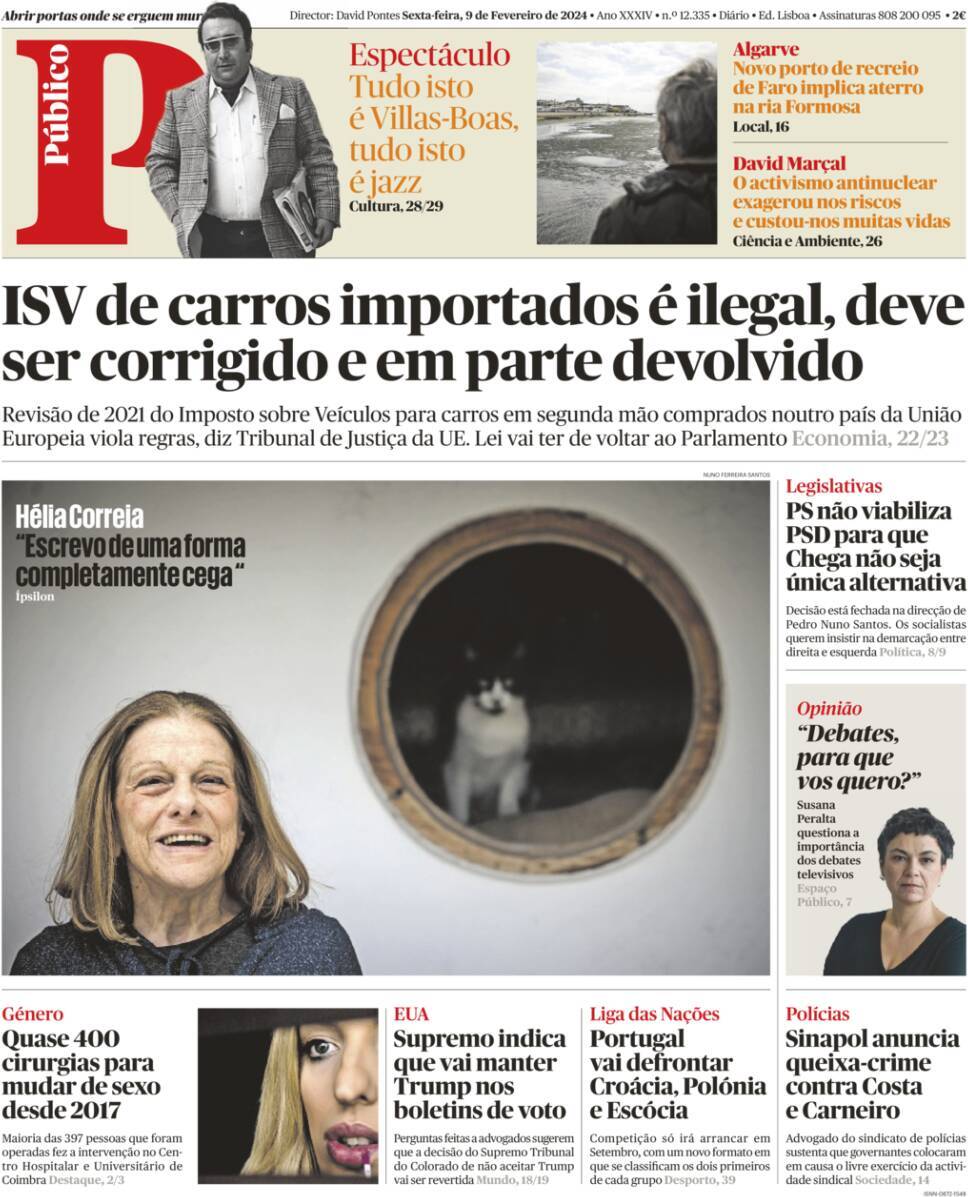 P&uacute;blico: Capa da Edi&ccedil;&atilde;o de sexta-feira, 09 de fevereiro 2024