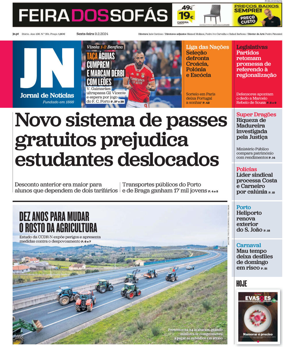Jornal de Not&iacute;cias: Capa da Edi&ccedil;&atilde;o de sexta-feira, 09 de fevereiro 2024