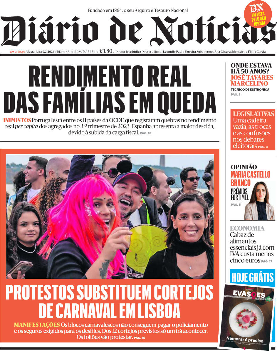 Di&aacute;rio de Not&iacute;cias: Capa da Edi&ccedil;&atilde;o de sexta-feira, 09 de fevereiro 2024