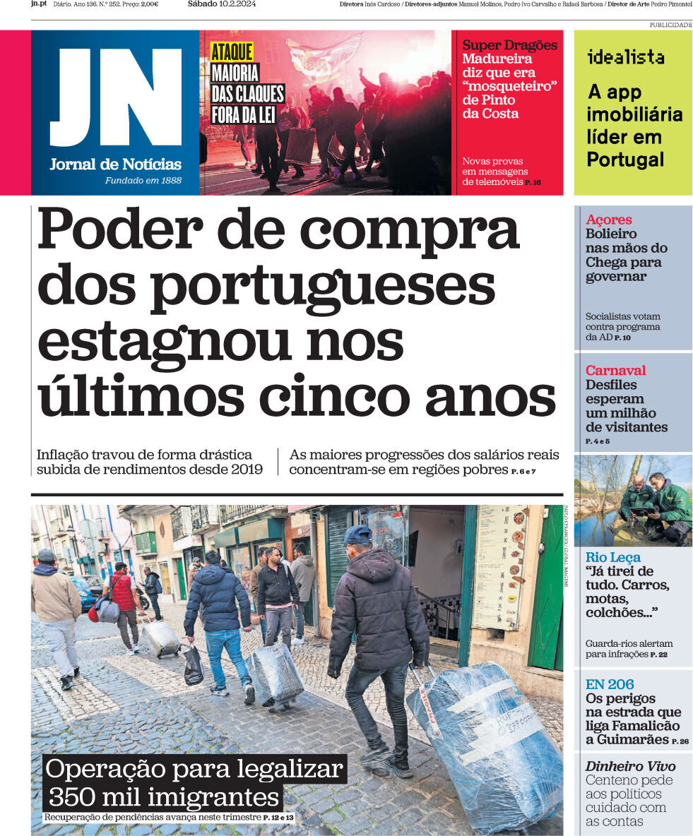 Jornal de Not&iacute;cias: Capa da Edi&ccedil;&atilde;o de s&aacute;bado, 10 de fevereiro 2024