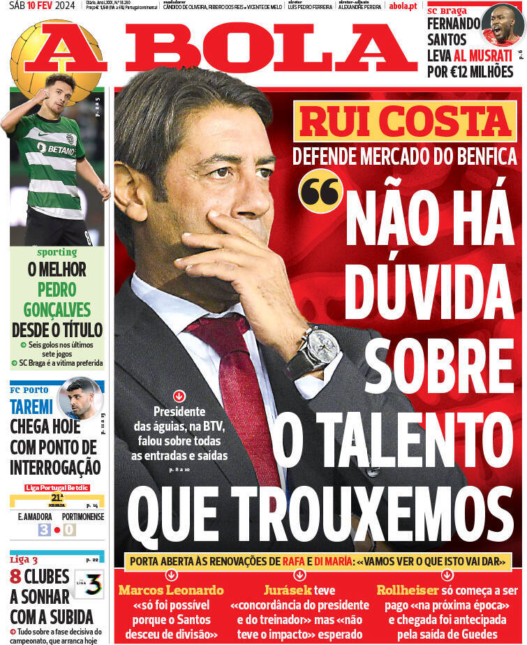 A Bola: Capa da Edi&ccedil;&atilde;o de s&aacute;bado, 10 de fevereiro 2024