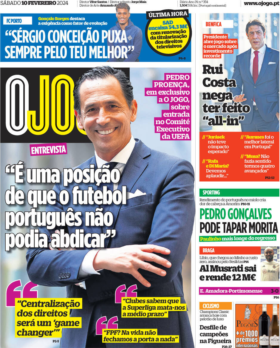 O Jogo: Capa da Edi&ccedil;&atilde;o de s&aacute;bado, 10 de fevereiro 2024