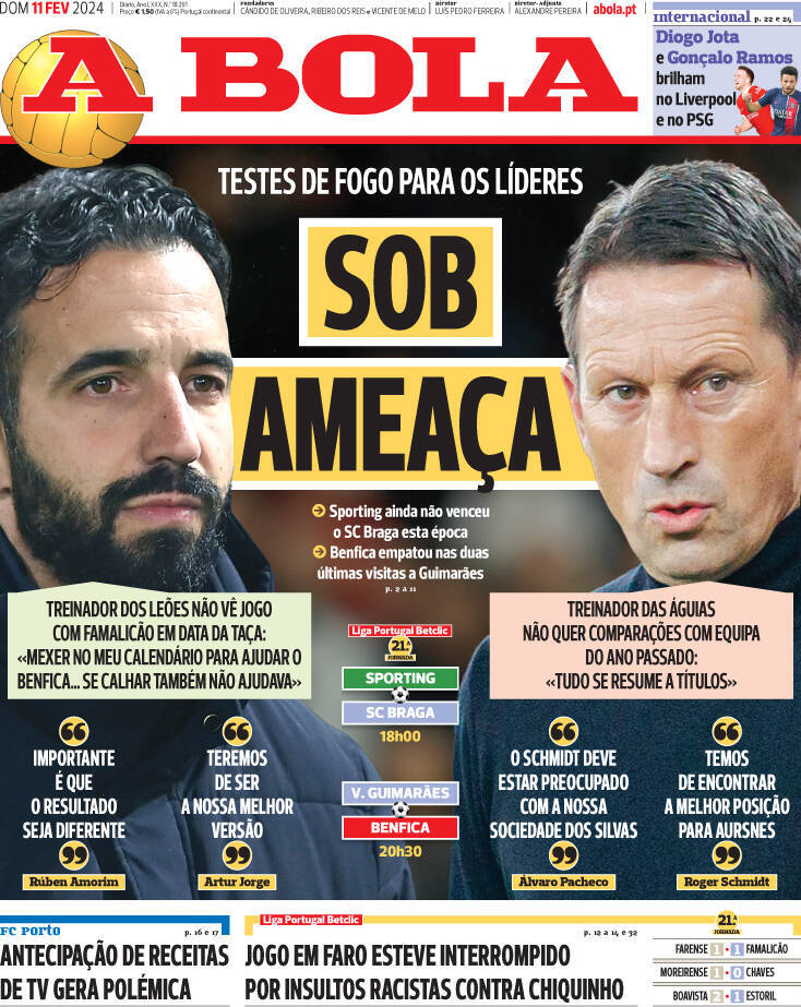 A Bola: Capa da Edi&ccedil;&atilde;o de domingo, 11 de fevereiro 2024