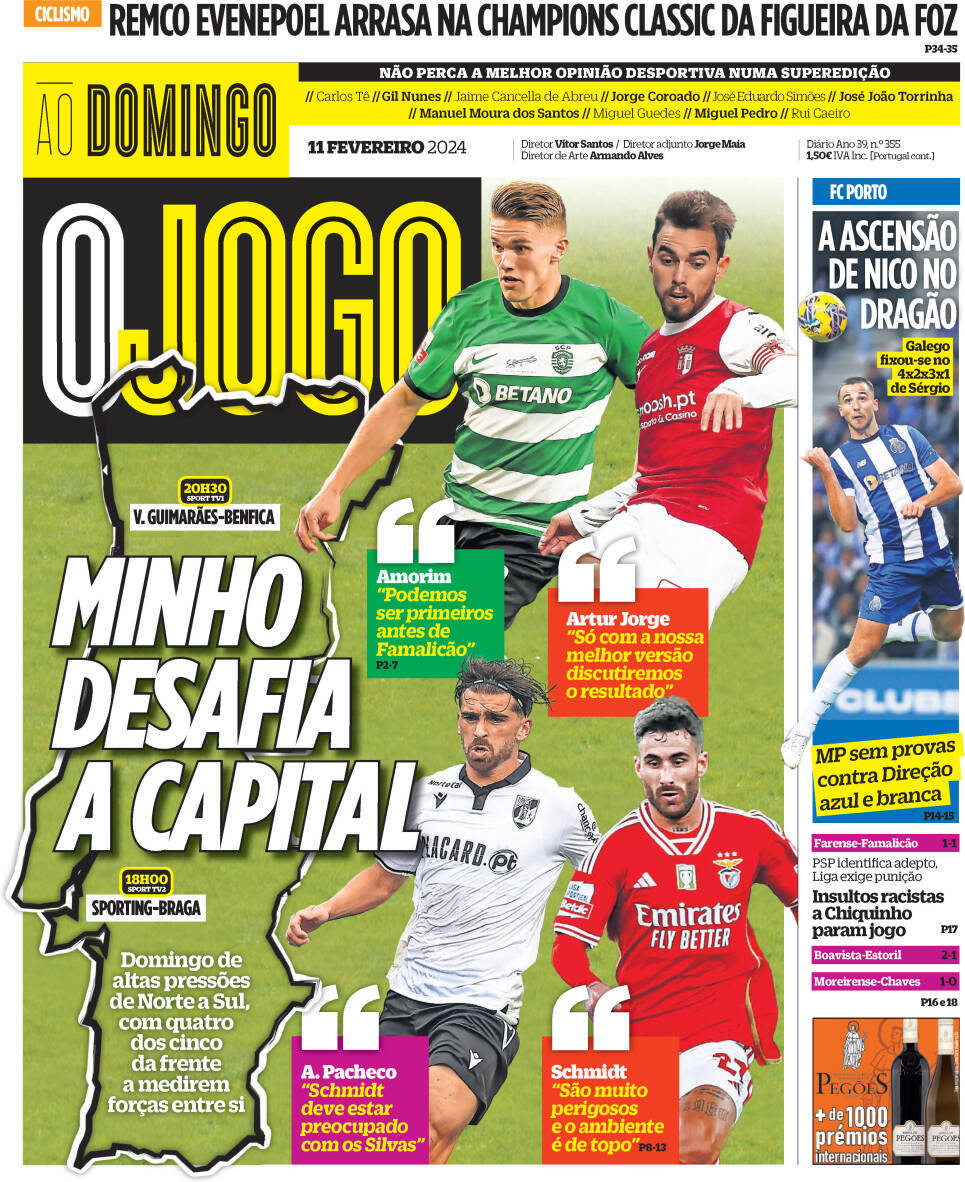 O Jogo: Capa da Edi&ccedil;&atilde;o de domingo, 11 de fevereiro 2024