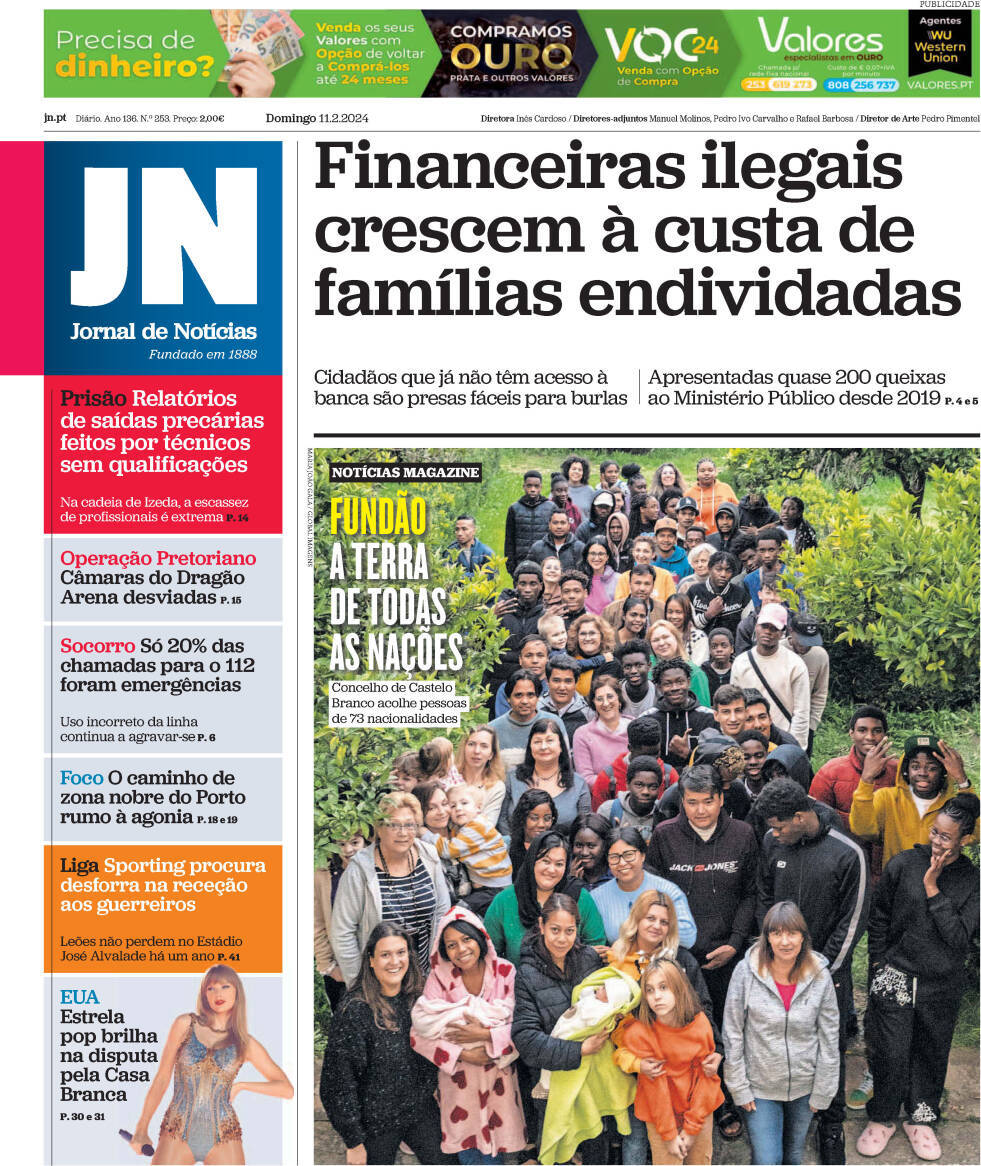 Jornal de Not&iacute;cias: Capa da Edi&ccedil;&atilde;o de domingo, 11 de fevereiro 2024