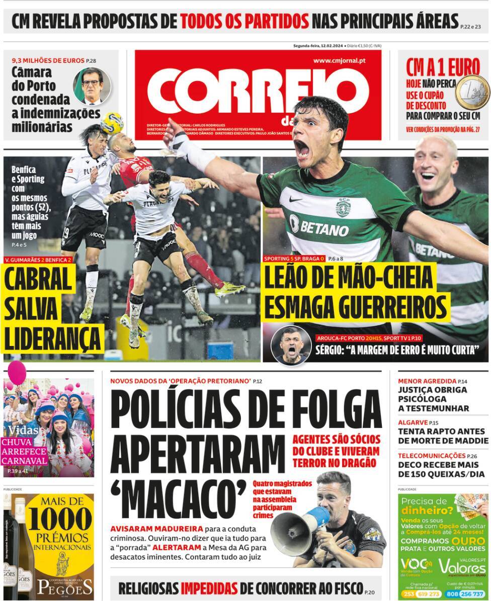 Correio da Manh&atilde;: Capa da Edi&ccedil;&atilde;o de segunda-feira, 12 de fevereiro 2024