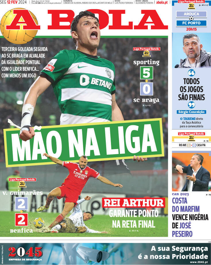 A Bola: Capa da Edi&ccedil;&atilde;o de segunda-feira, 12 de fevereiro 2024