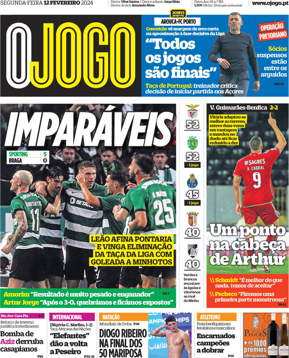 O Jogo: Capa da Edi&ccedil;&atilde;o de segunda-feira, 12 de fevereiro 2024