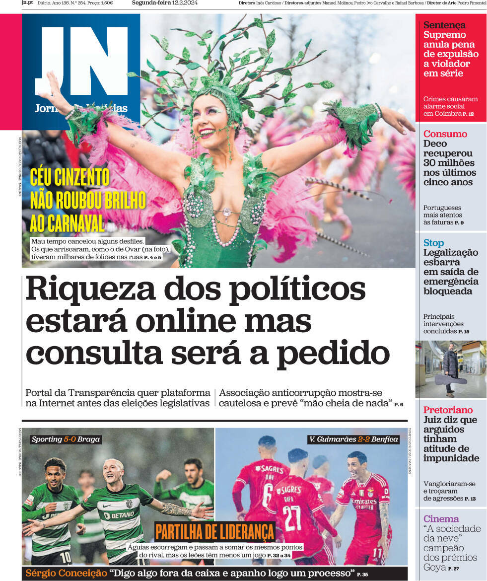 Jornal de Not&iacute;cias: Capa da Edi&ccedil;&atilde;o de segunda-feira, 12 de fevereiro 2024