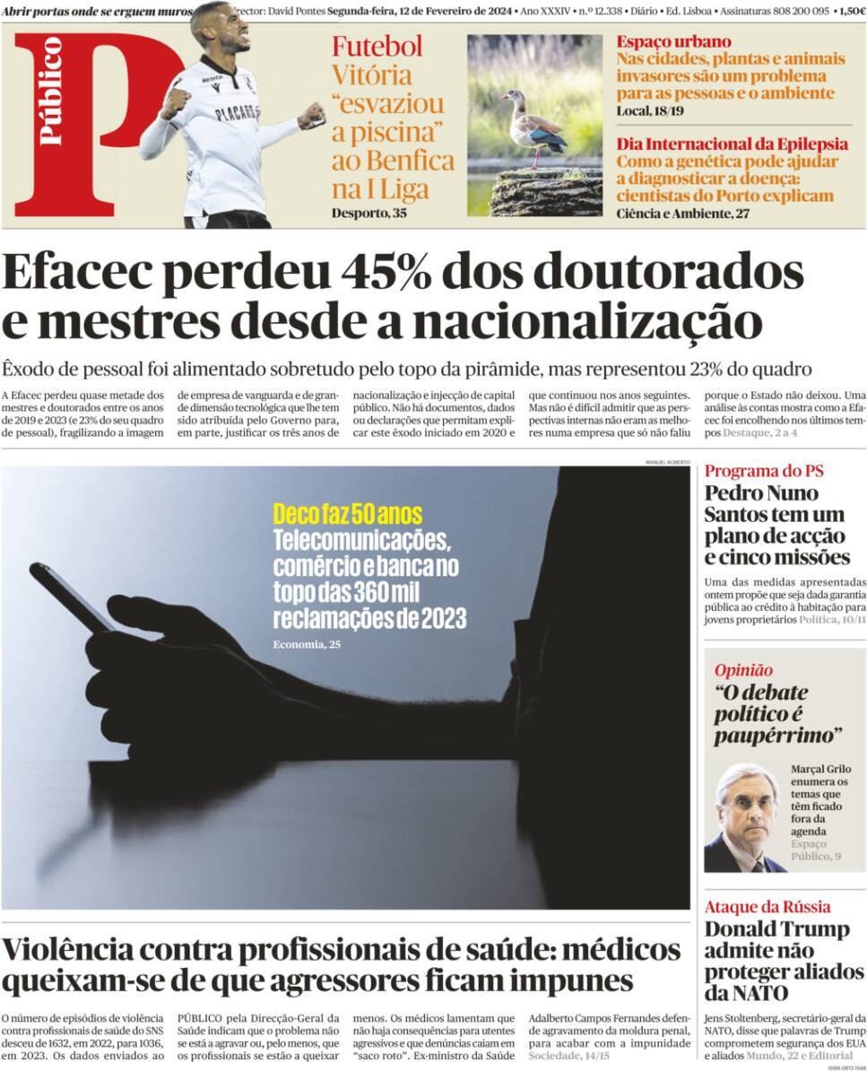 P&uacute;blico: Capa da Edi&ccedil;&atilde;o de segunda-feira, 12 de fevereiro 2024