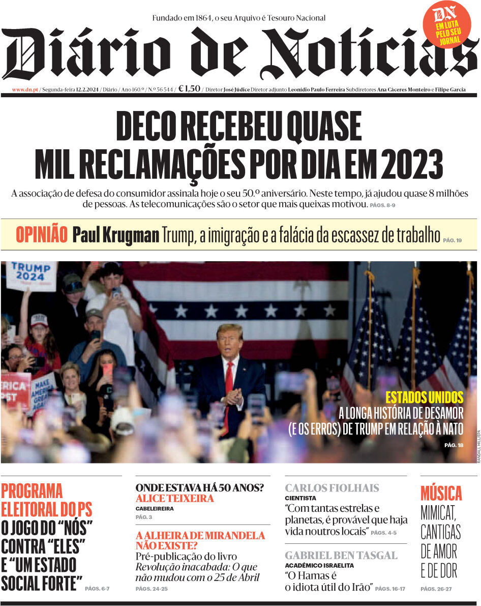Di&aacute;rio de Not&iacute;cias: Capa da Edi&ccedil;&atilde;o de segunda-feira, 12 de fevereiro 2024