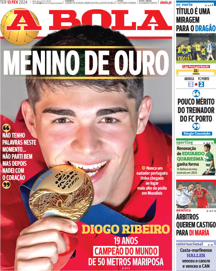 A Bola: Capa da Edi&ccedil;&atilde;o de ter&ccedil;a-feira, 13 de fevereiro 2024