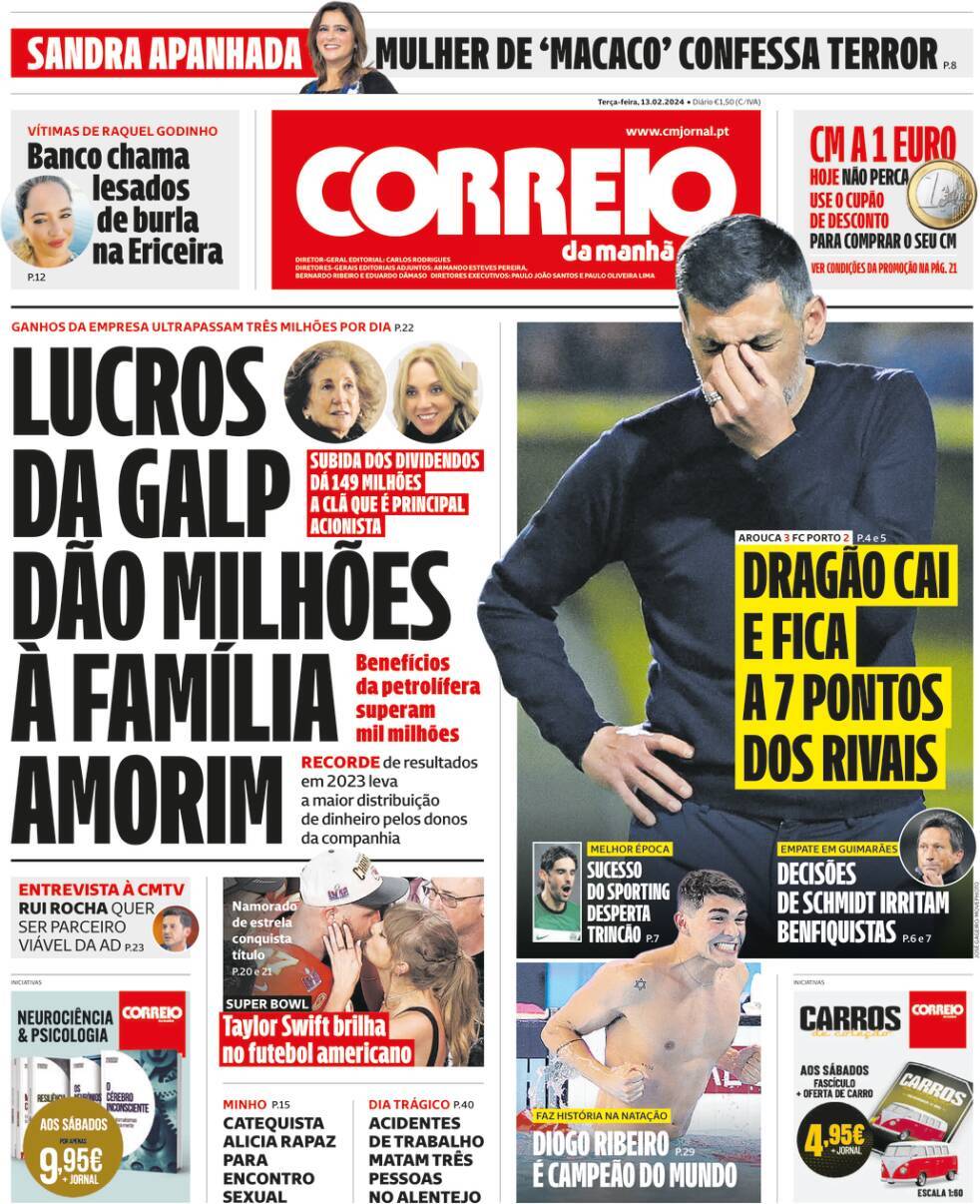 Correio da Manh&atilde;: Capa da Edi&ccedil;&atilde;o de ter&ccedil;a-feira, 13 de fevereiro 2024