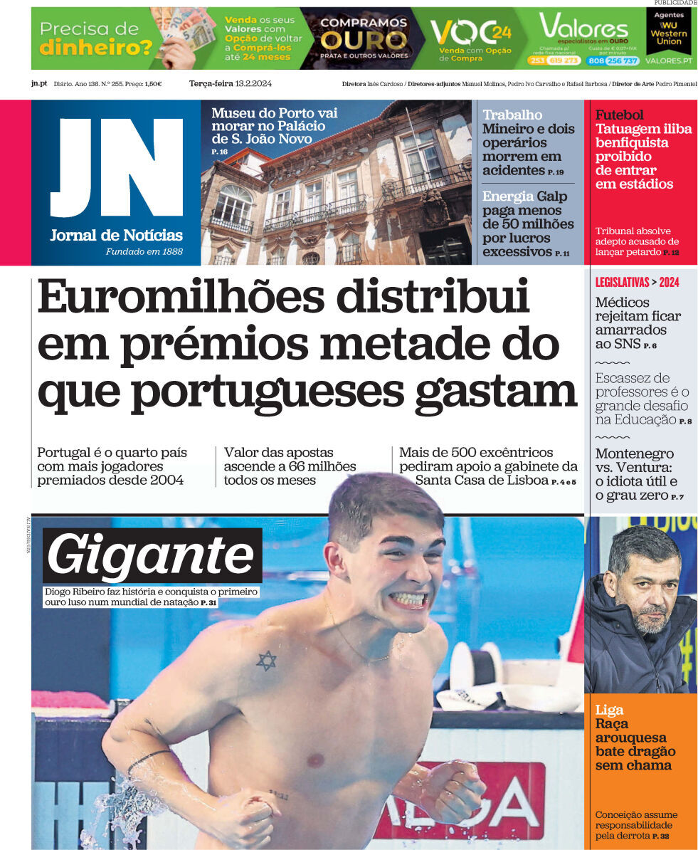 Jornal de Not&iacute;cias: Capa da Edi&ccedil;&atilde;o de ter&ccedil;a-feira, 13 de fevereiro 2024