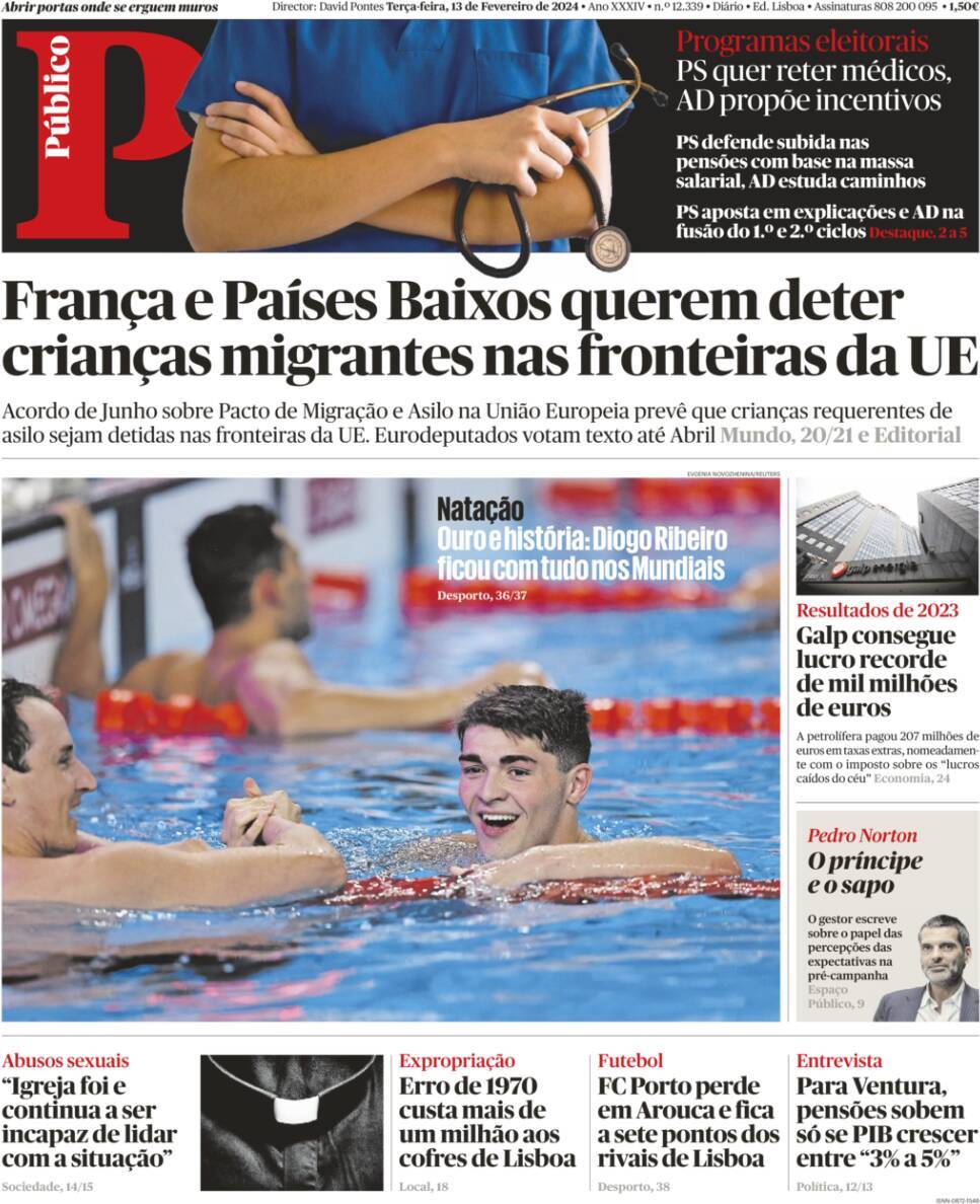 P&uacute;blico: Capa da Edi&ccedil;&atilde;o de ter&ccedil;a-feira, 13 de fevereiro 2024