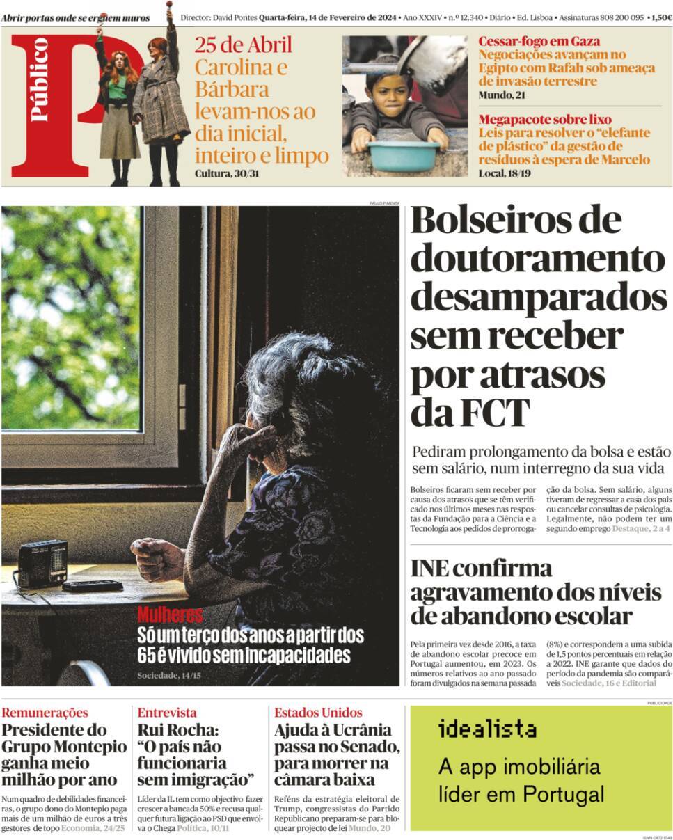 P&uacute;blico: Capa da Edi&ccedil;&atilde;o de quarta-feira, 14 de fevereiro 2024