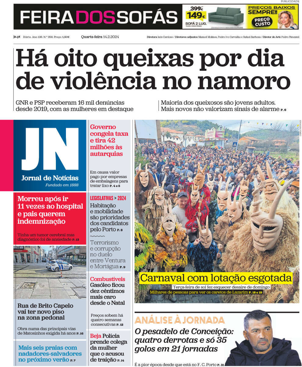 Jornal de Not&iacute;cias: Capa da Edi&ccedil;&atilde;o de quarta-feira, 14 de fevereiro 2024